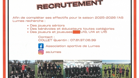 L'ASSOCIATION SPORTIVE DE LUMES RECHERCHE