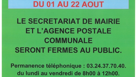 CONGES D'ETE A LA MAIRIE ET A L'AGENCE POSTALE COMMUNALE